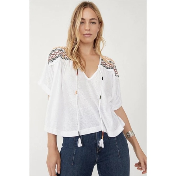 NWT Free People Market Embroidery Trim Tassel Tie V-Neck Short Dolman Sleeve Tee - Picture 1 of 6